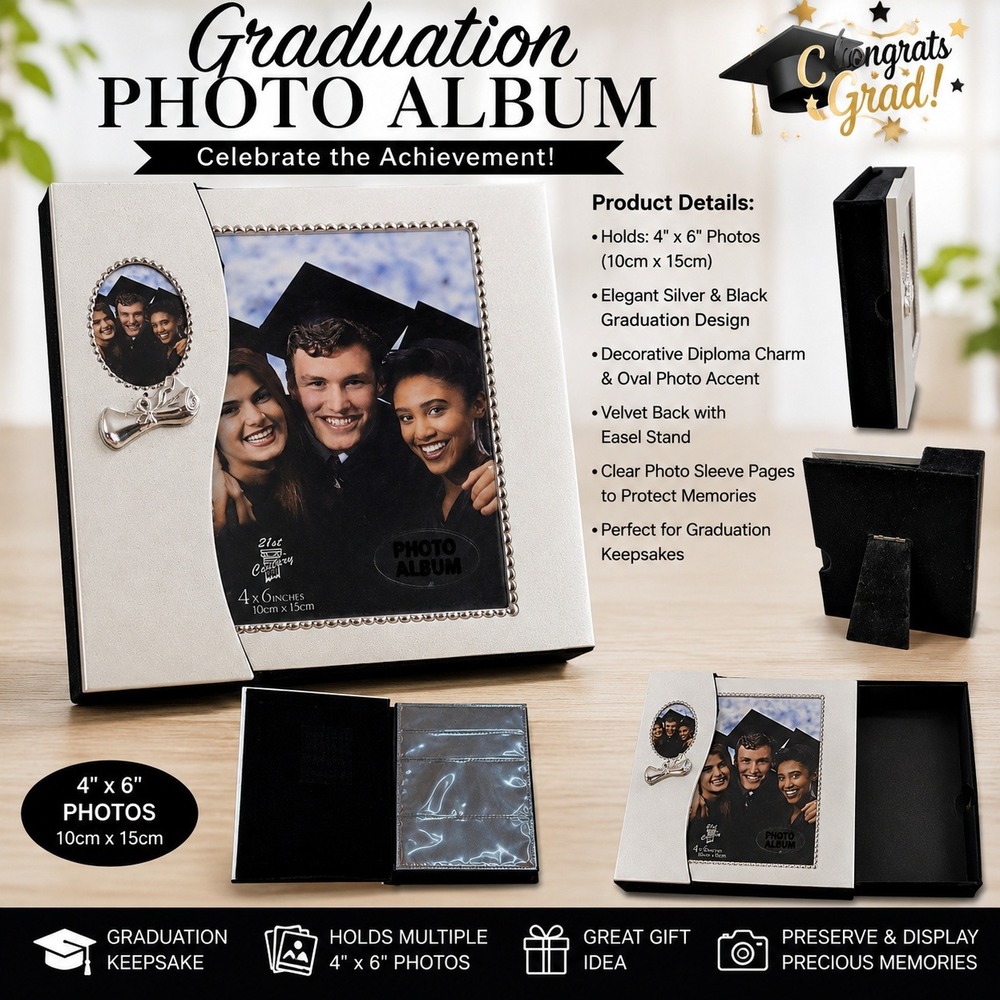 21st Century Graduation Photo Album Silver Black 4x6 Keepsake Easel Stand